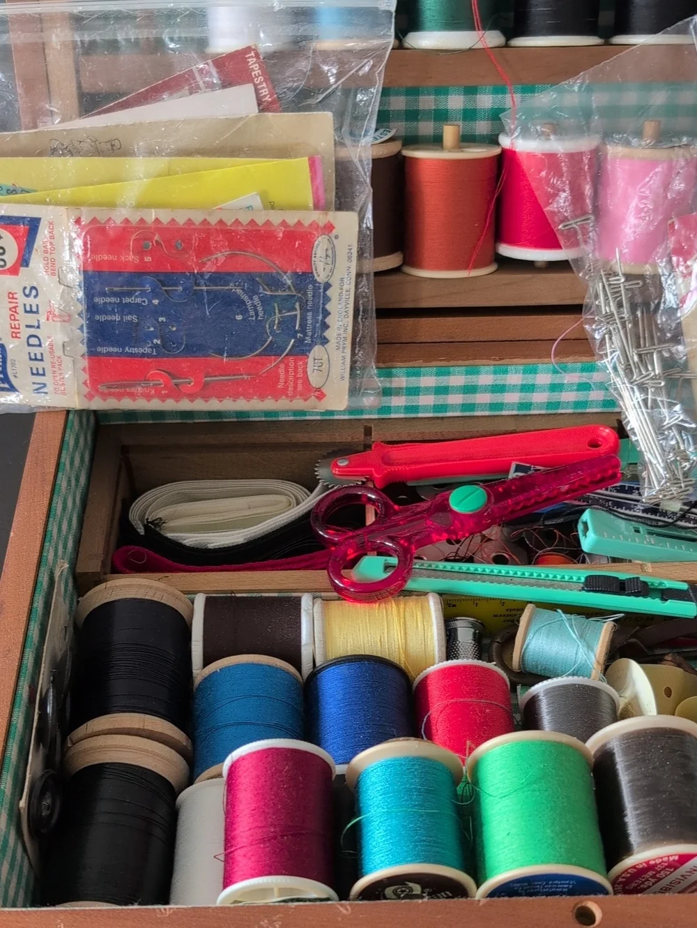 Vintage Wooden Box Sewing Kit Full Of Vintage Supplies.